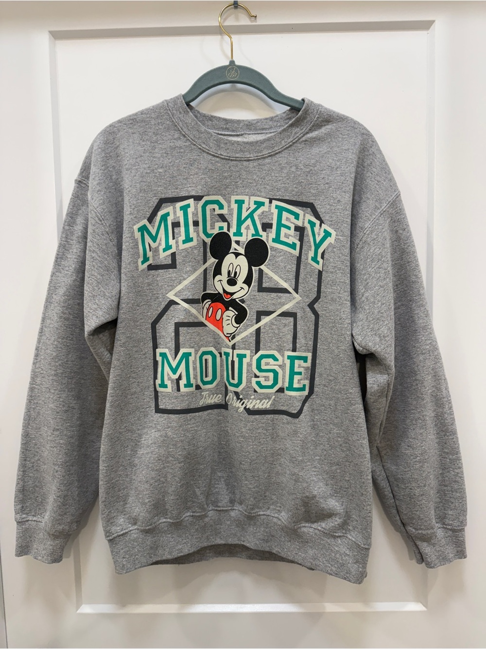 3/$15 Disney Gray Mickey Mouse Graphic Crew Sweatshirt with Teal Accents